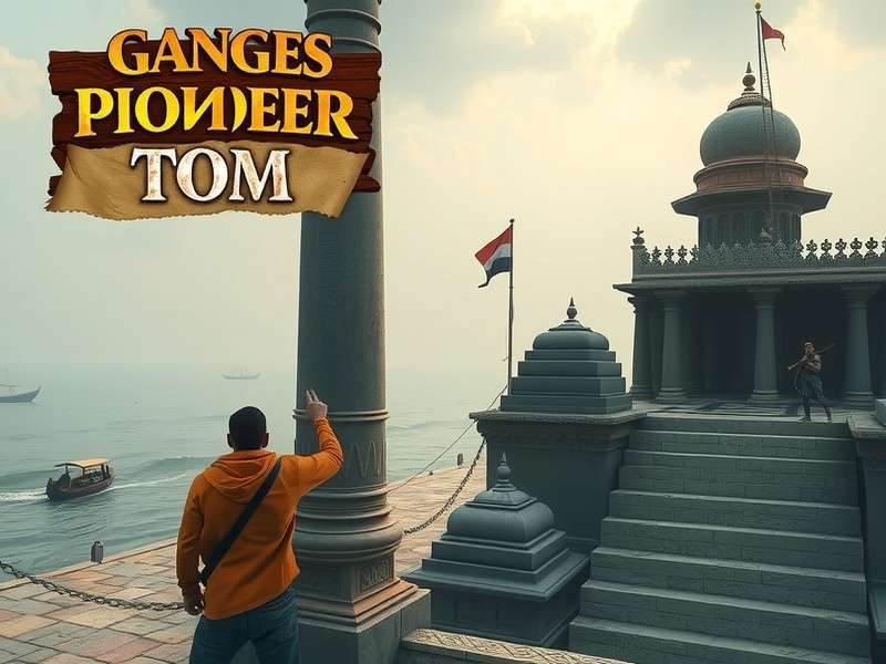 Ganges Pioneer Tom game cover art showing protagonist Tom overlooking the Ganges river