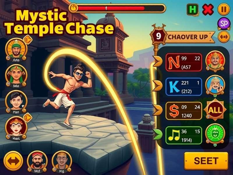 Mystic Temple Chase character selection screen showing diverse Indian avatars