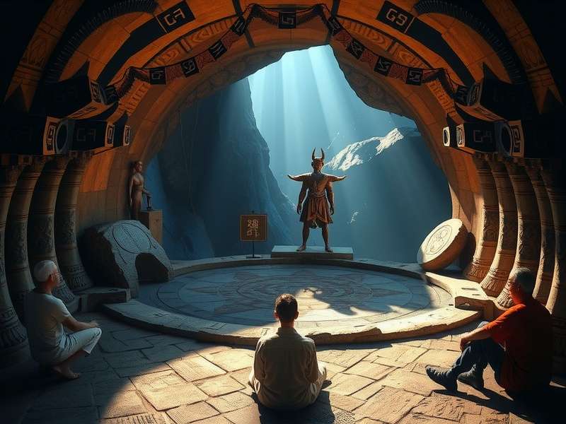 Spiritual Tunnel Trek mystical tunnel entrance with ancient symbols