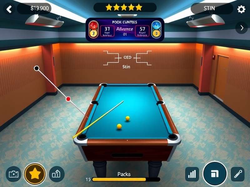 Pool Star Master gameplay interface showing realistic billiards table and controls