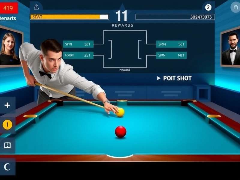 Advanced shot setup in Pool Star Master showing angle and spin adjustments