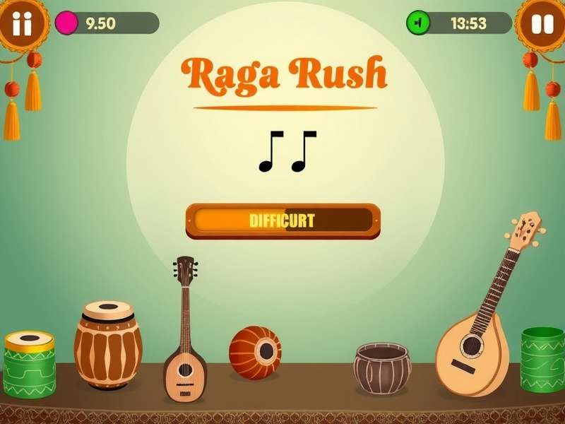 Raga Rush gameplay screenshot showing musical notes and Indian instruments
