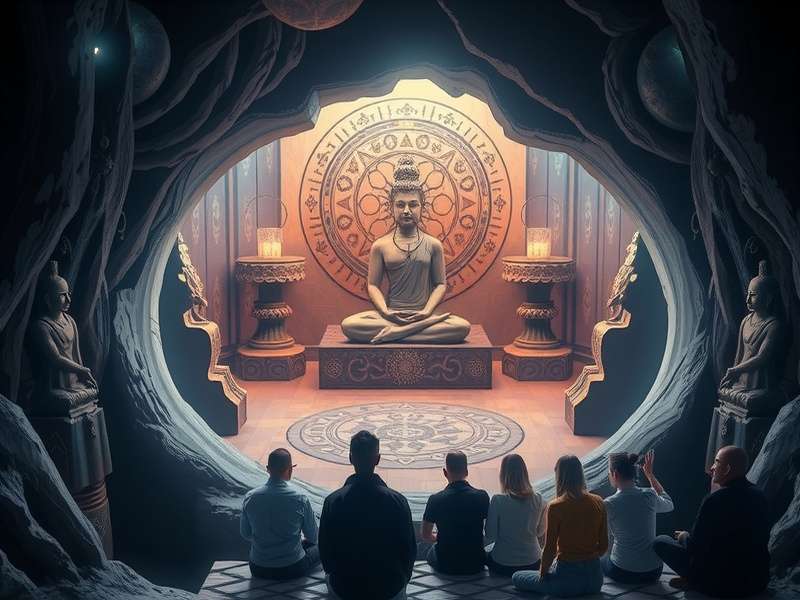 Spiritual Tunnel Trek gameplay showing meditation chamber and ancient symbols
