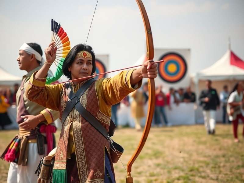 Traditional Indian archery equipment including bows, arrows, and accessories