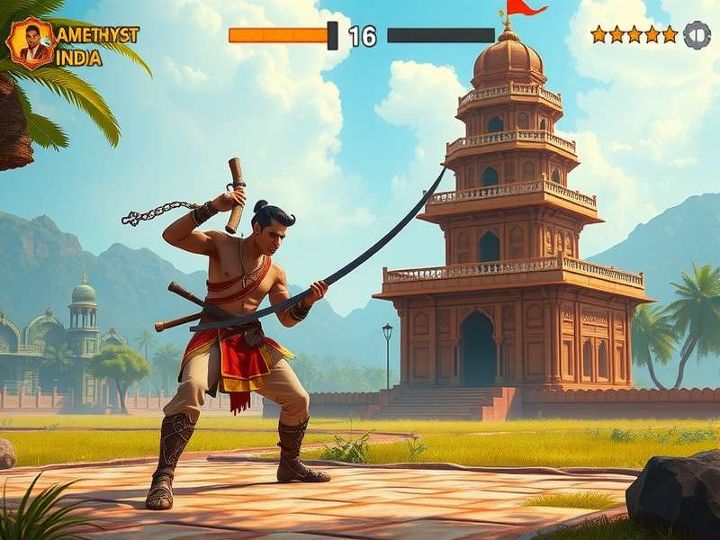 Amethyst Adventure India gameplay screenshot showing character in Indian landscape