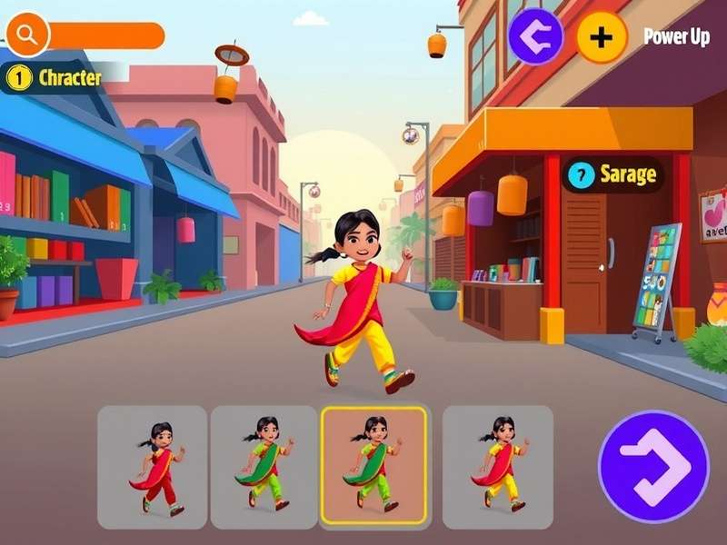 Saree Rush Champion gameplay screenshot showing character running through Indian market