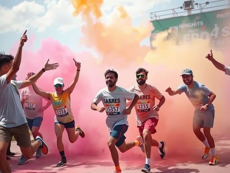 Participants in Holi Sprint Race running through clouds of colorful powder