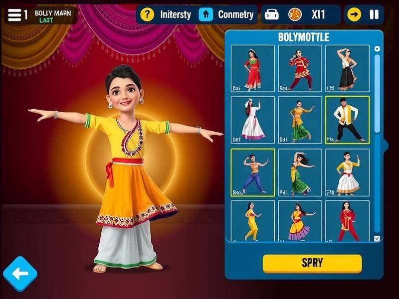 Character customization screen in Dance Dynamo Dazzler showing traditional Indian outfits