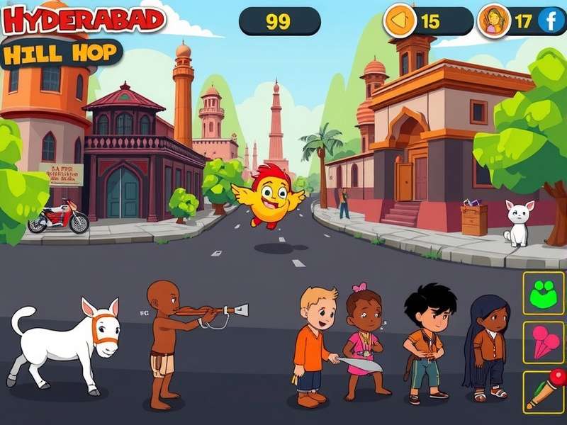 Hyderabad Hill Hop puzzle interface showing cultural elements and game controls