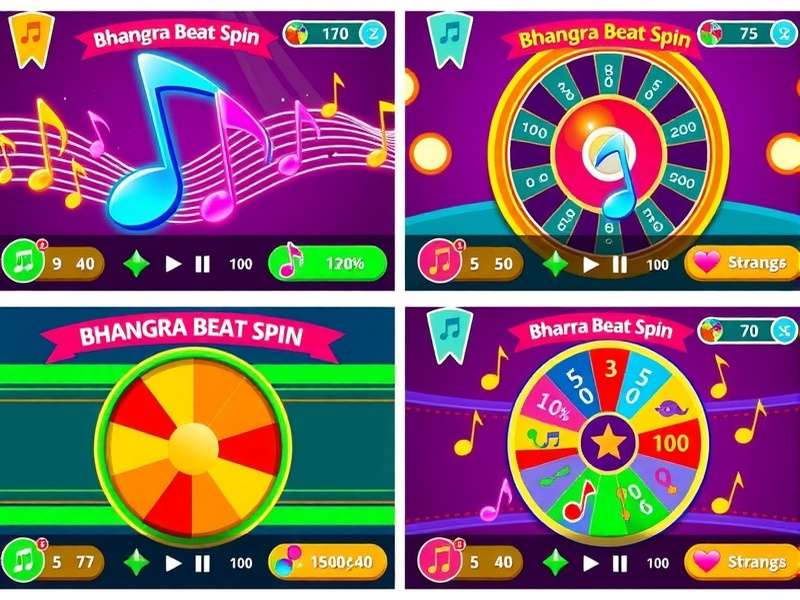 Evolution of Bhangra Beat Spin game interface across different versions