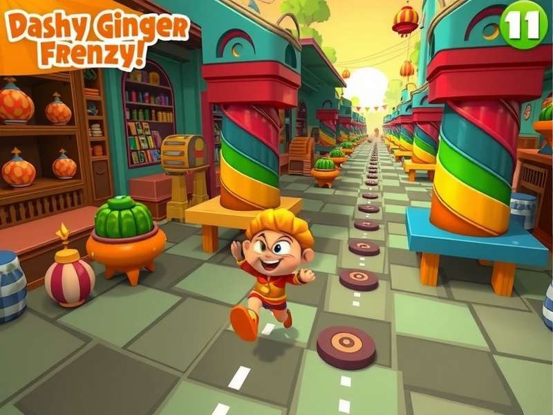 Dashy Ginger Frenzy gameplay screenshot showing character running through colorful Indian market