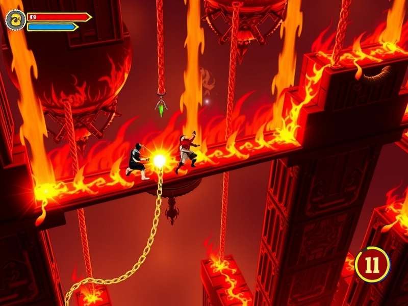 Inferno Drop Warrior gameplay screenshot showing character descending through fiery obstacles