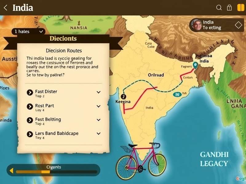 Historical map of India showing Gandhi's cycling routes in Gandhi S Cycling Legacy