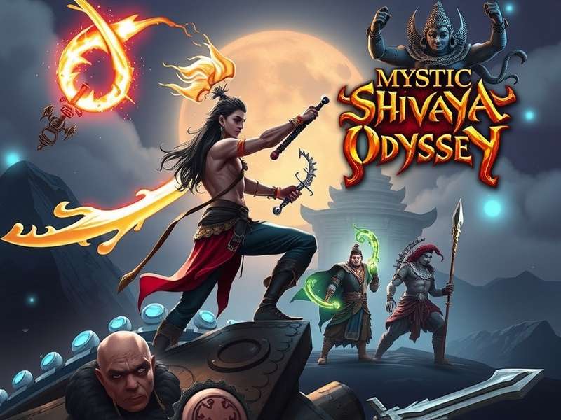 Mystic Shivaya Odyssey game cover art showing protagonist with divine weapons