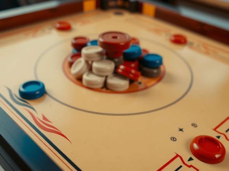 Carrom pieces and striker close-up