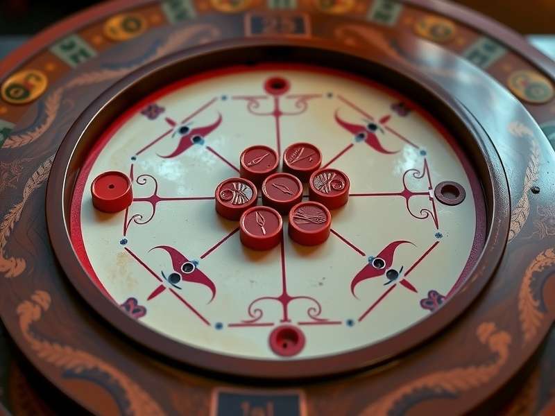 Carrom board with pieces arranged for game start