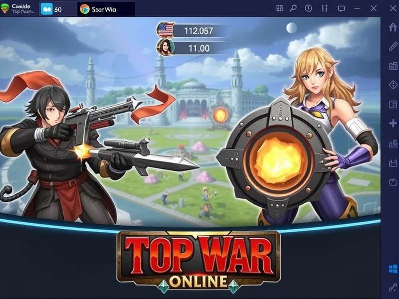 Top War Online gameplay showing base building and hero battle