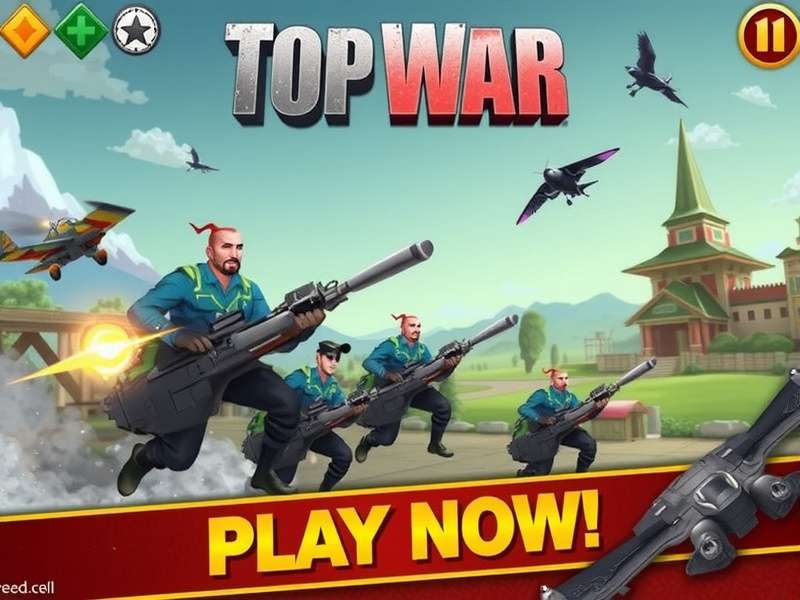 Top War game banner showing base building, army formation, and battle strategy